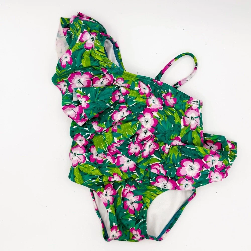 Janie and Jack Baby Girl's Tropical Floral Ruffle‎ Swimsuit Green 12-18 Months